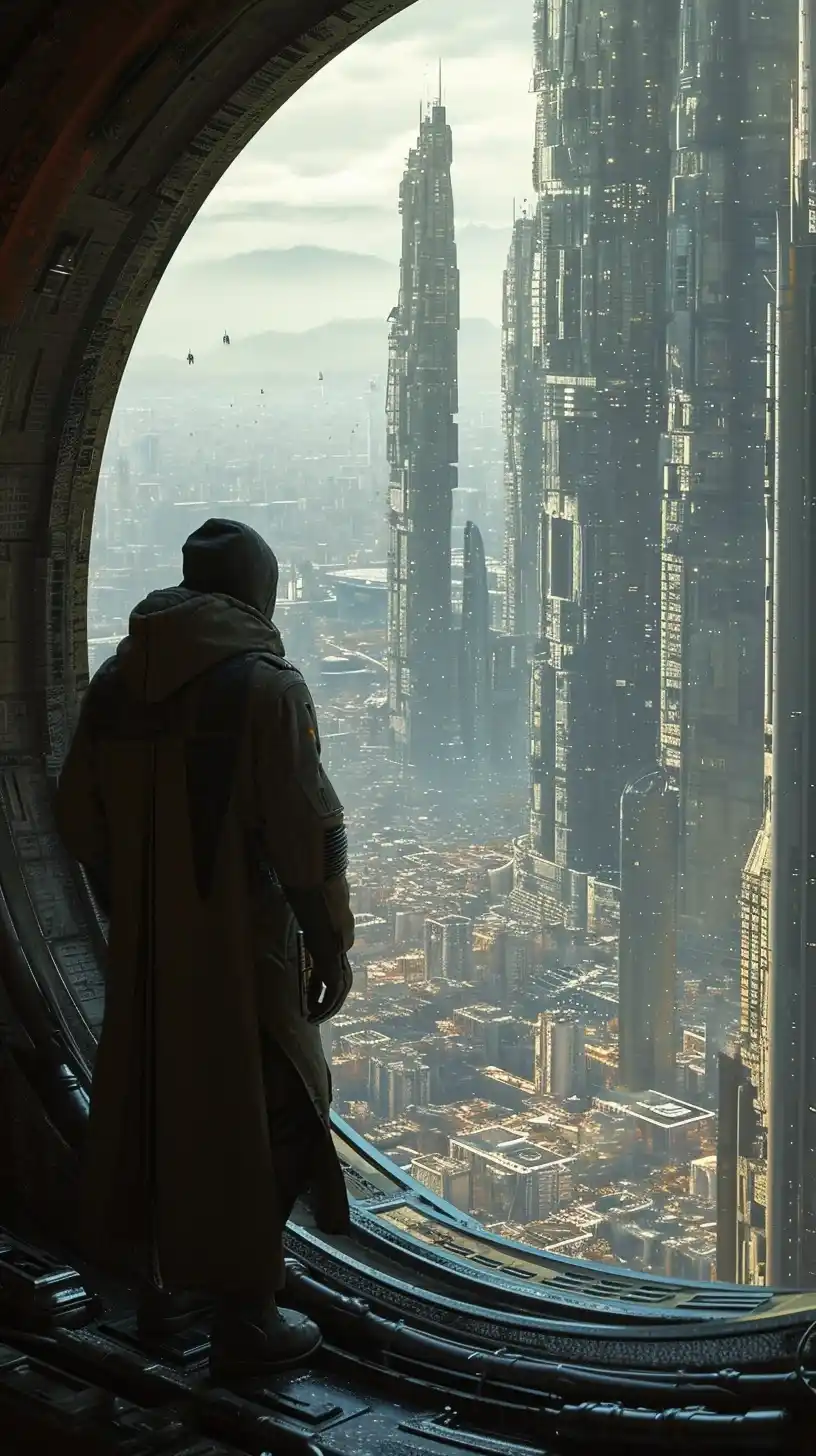 Futuristic City with Moebius Statues Midjourney提示词