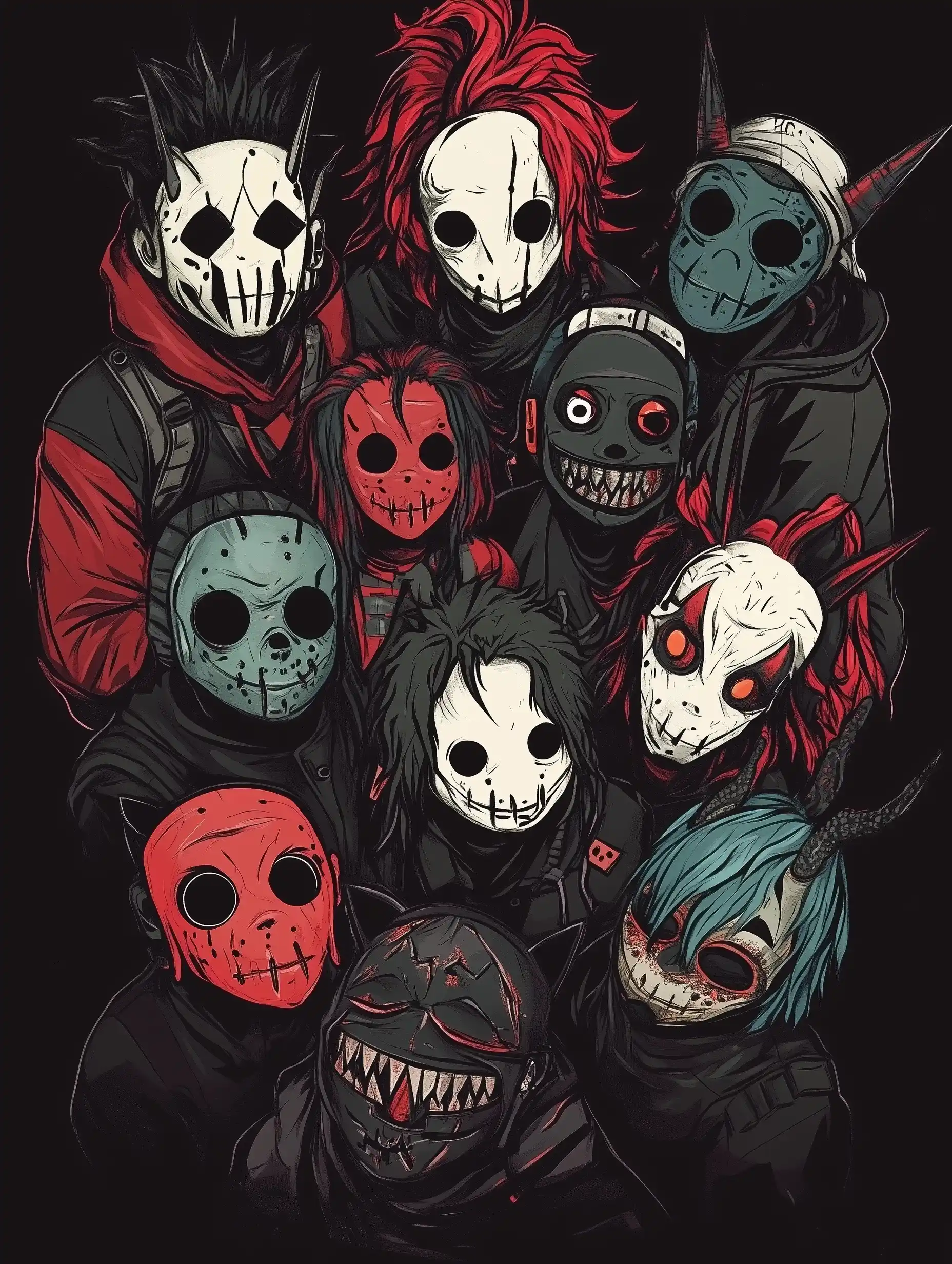 Cartoon Slipknot Group Portrait Midjourney提示词