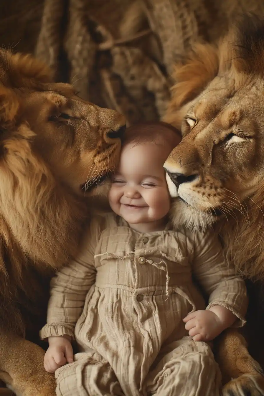 Baby with Lions Raw Portrait Midjourney提示词