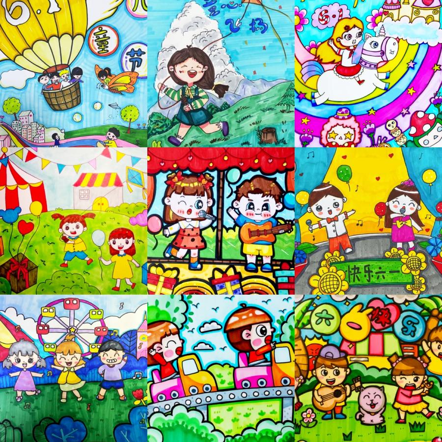 幼儿园儿童小学生卡通61六一儿童节插画打印涂色线稿临摹线描素材