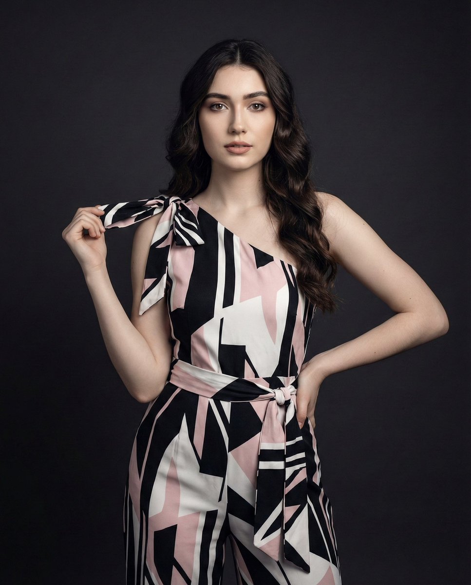 Fashion Portrait: Woman in Geometric Jumpsuit, Studio Style Nano Banana提示词