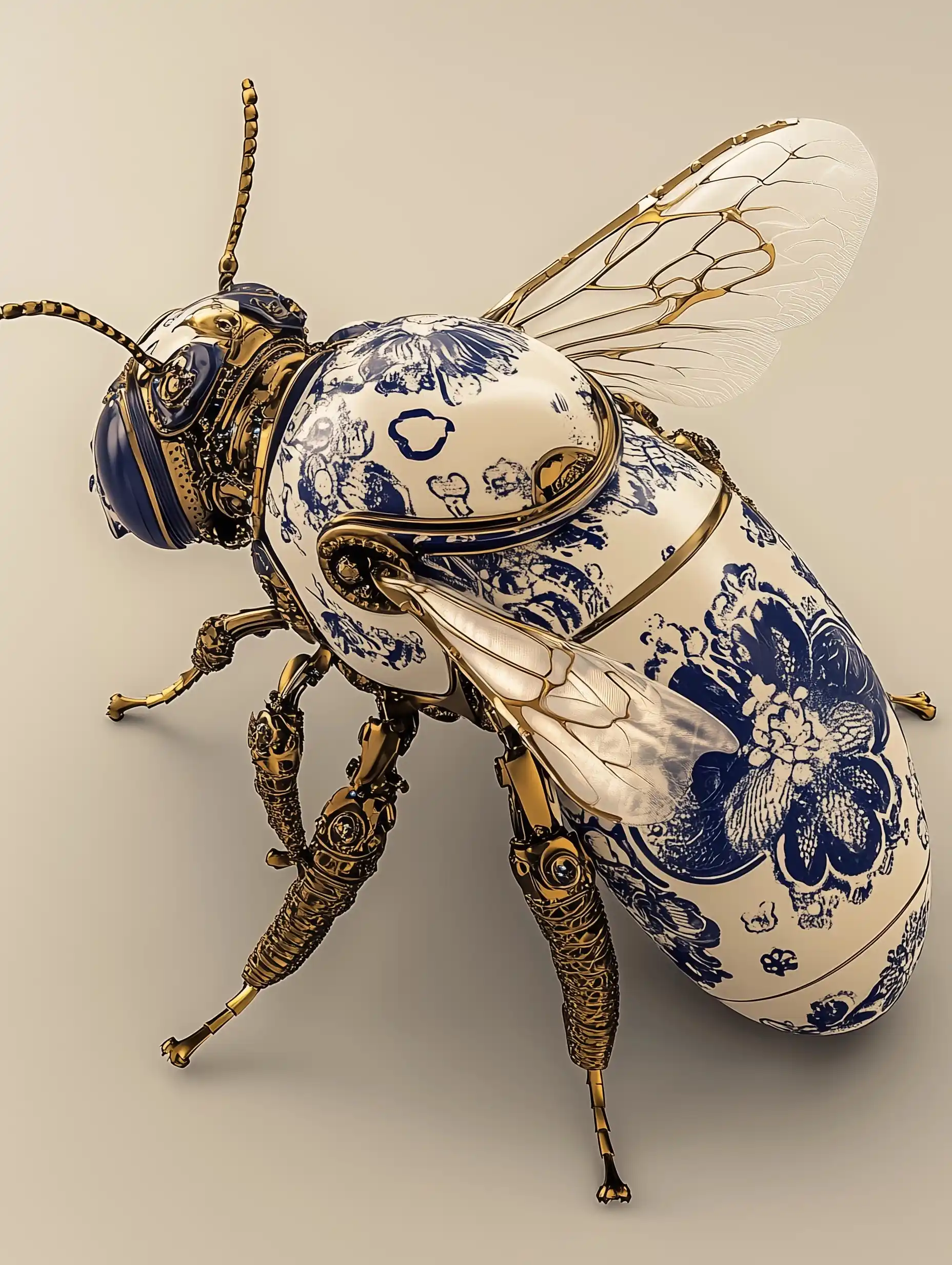 Porcelain-Patterned Mechanical Bee Midjourney提示词