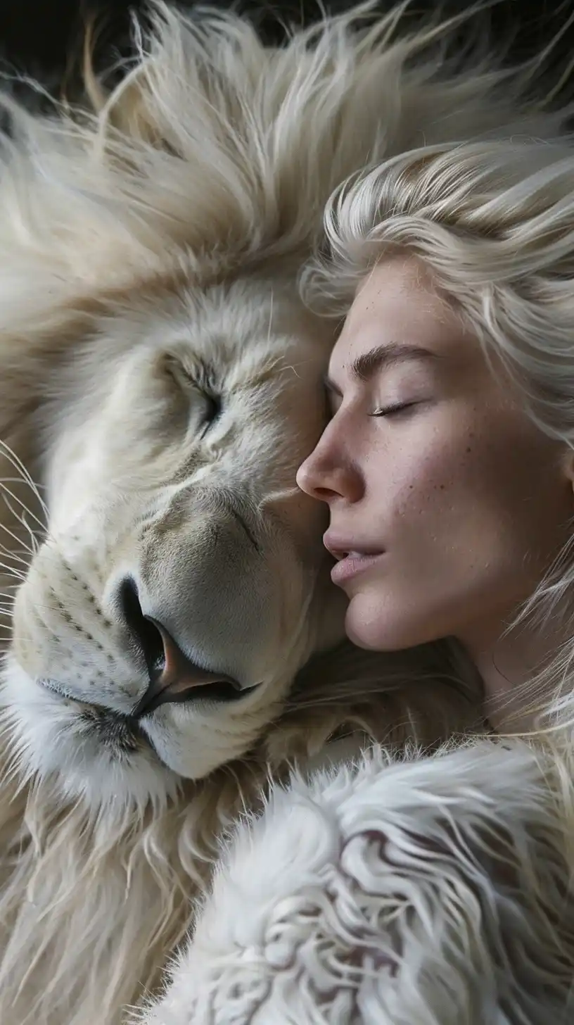Blonde Woman with White Lion Editorial Flow Midjourney提示词