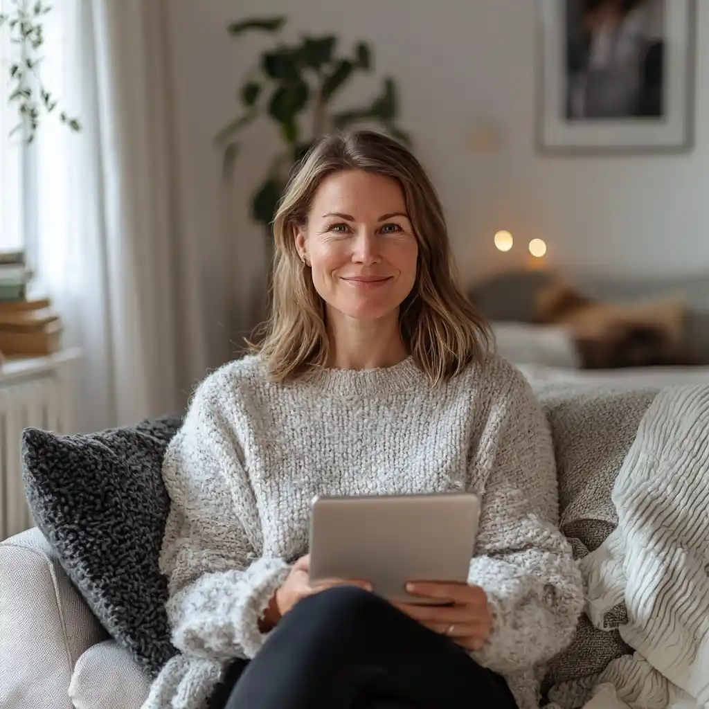 Scandinavian Woman on Sofa Midjourney提示词