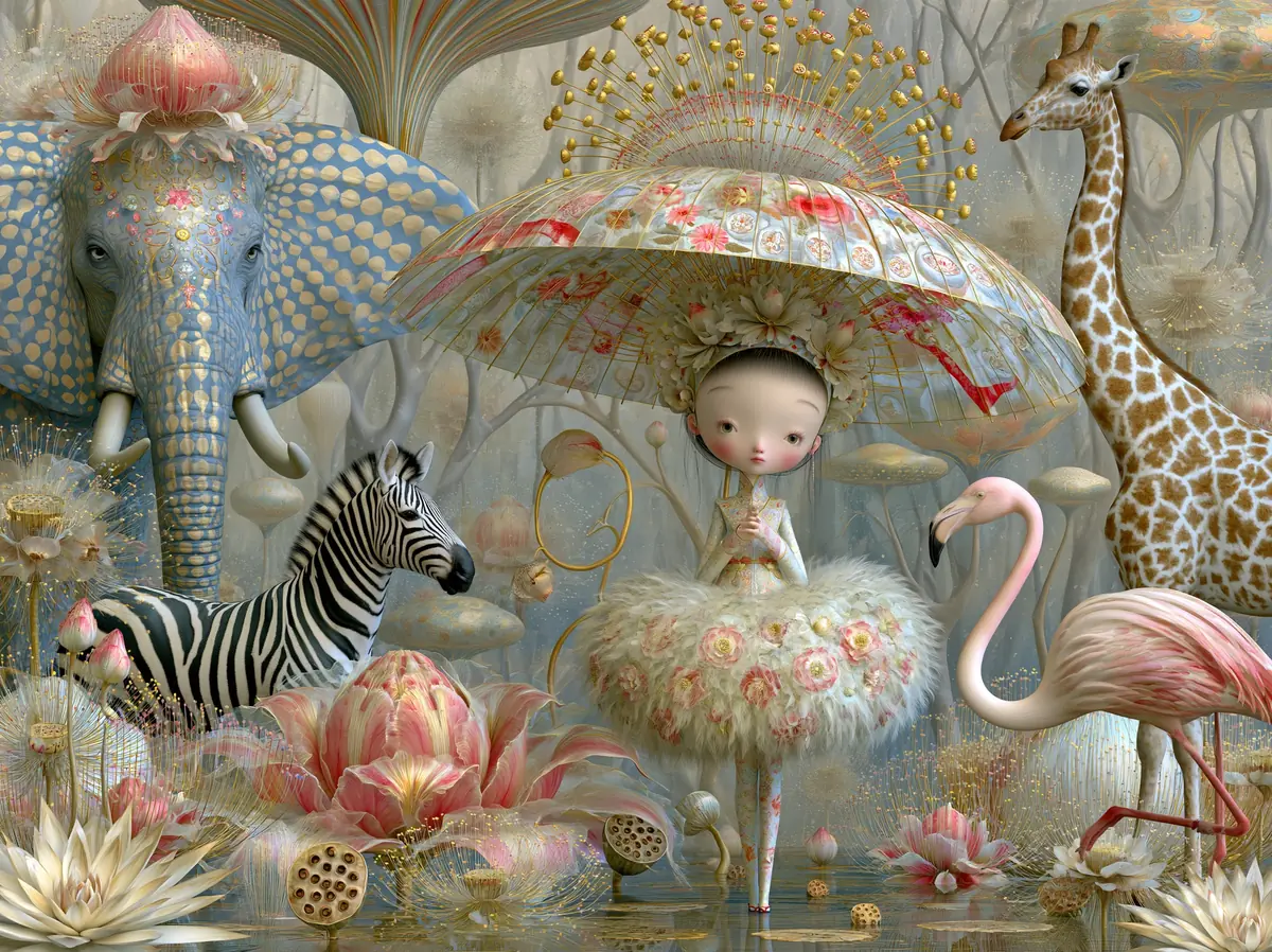 Fantasy Jungle Umbrella Dance Midjourney提示词