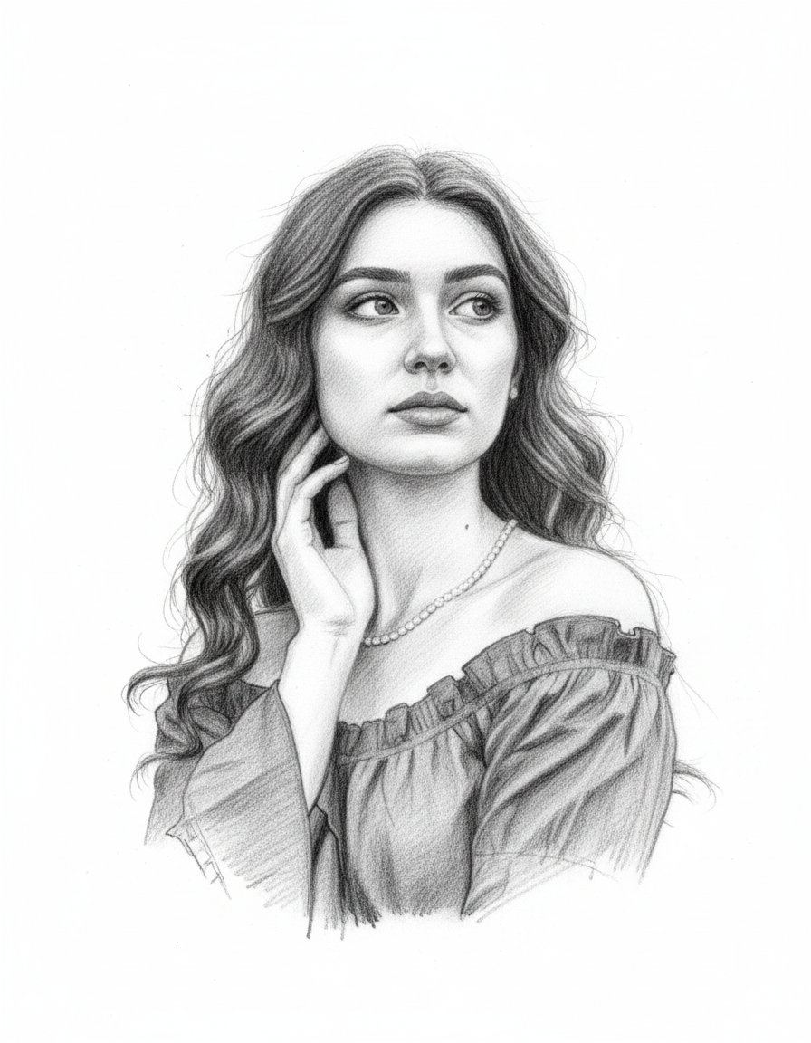 Classic Pencil Portrait of Elegant Woman with Pearl Necklace Nano Banana提示词
