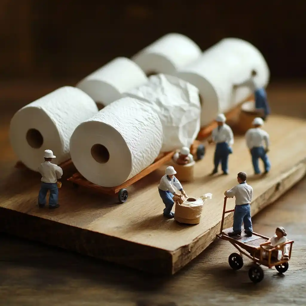 Mini Workers Rolling Toilet Paper Midjourney提示词
