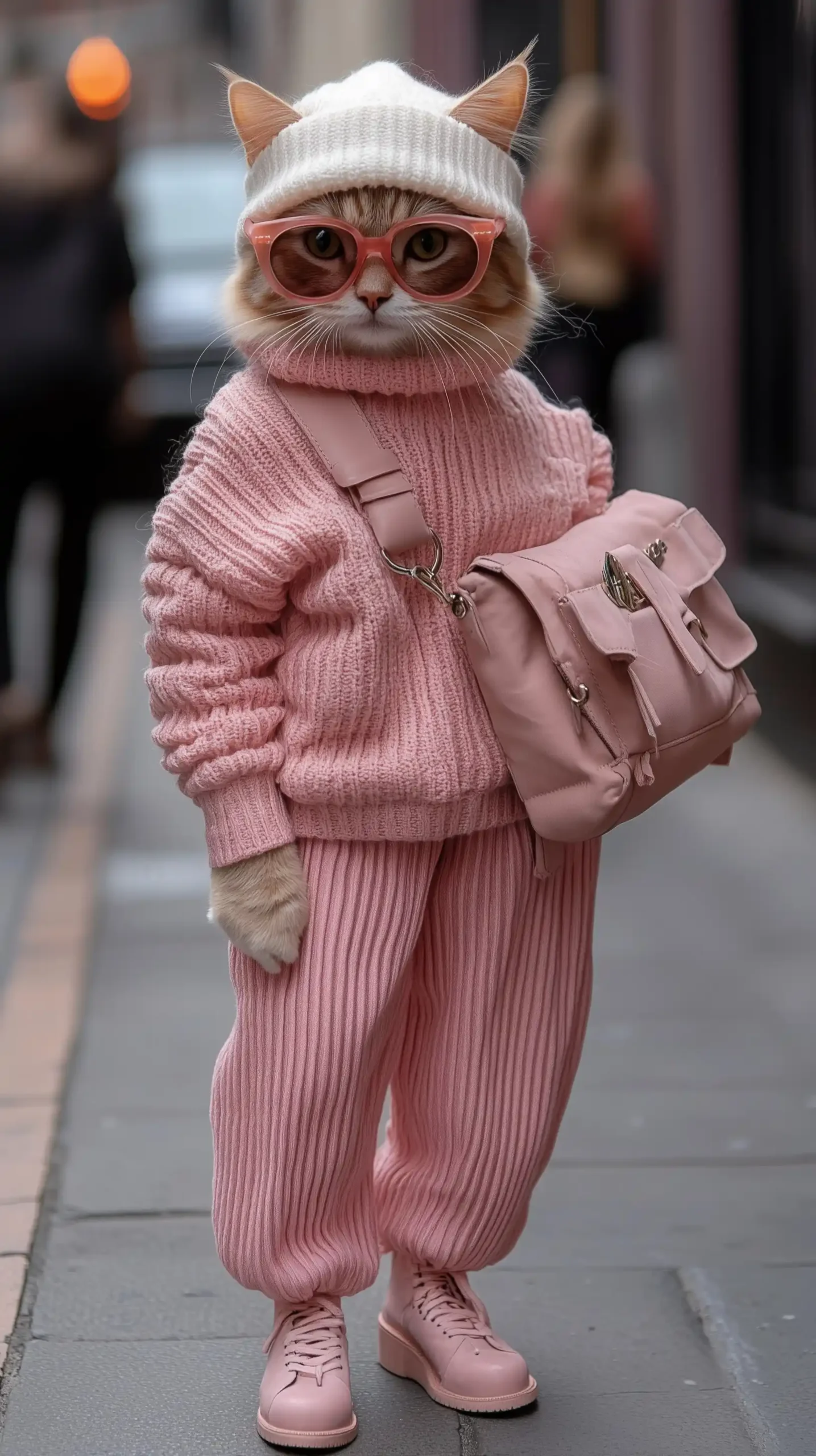 Fashionable Cat on Street Midjourney提示词