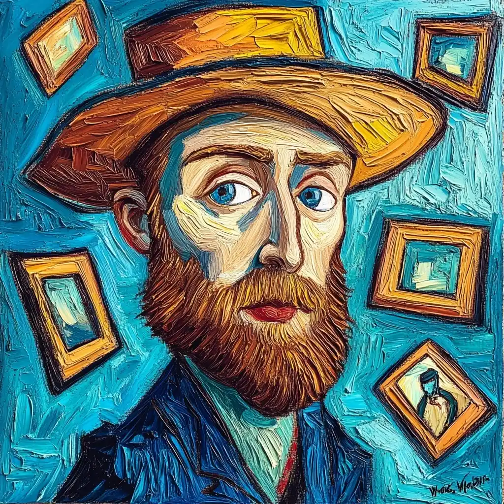Van Gogh Caricature Juggling Frames Midjourney提示词