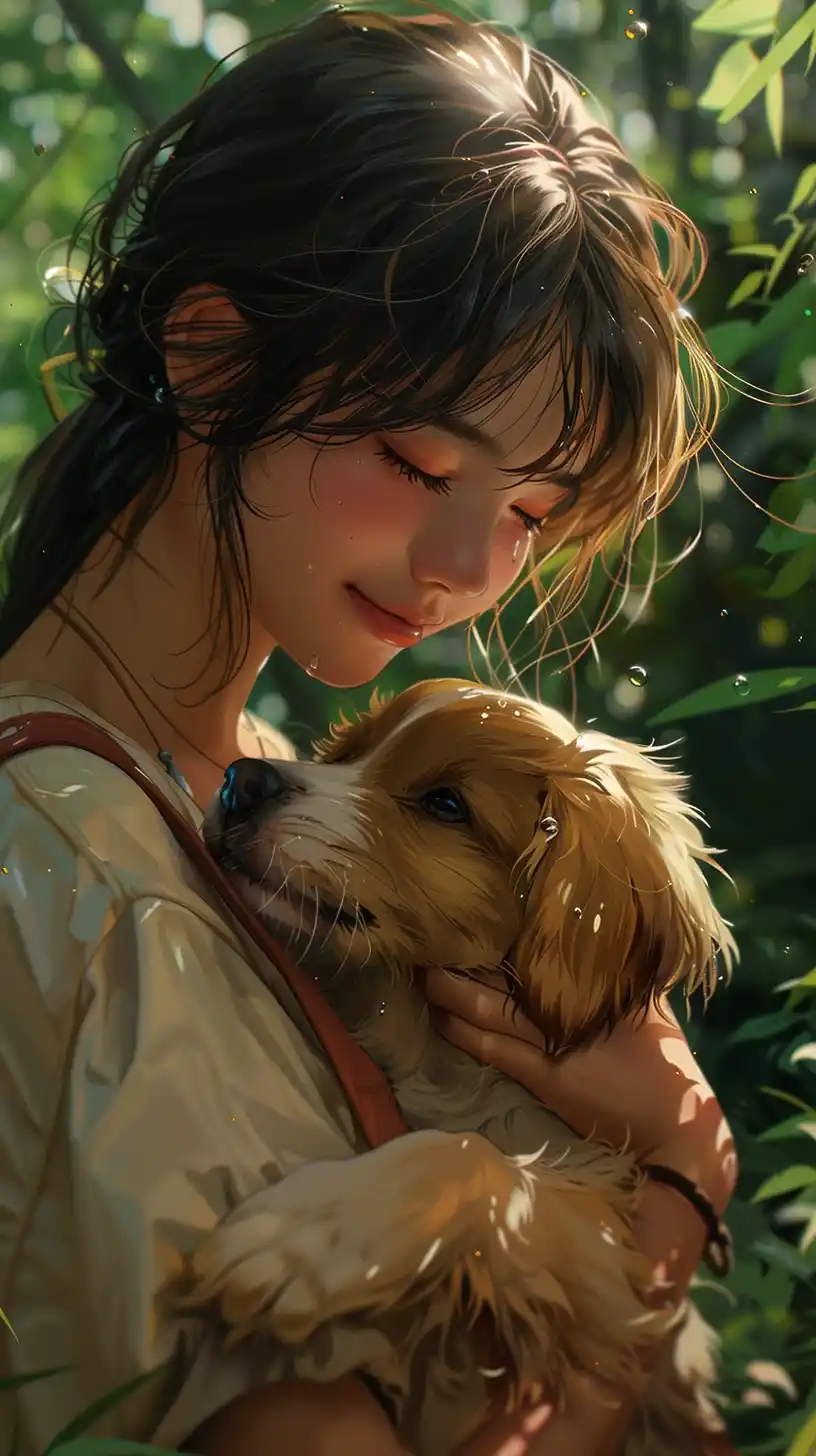 Anime Girl with Puppy Midjourney提示词