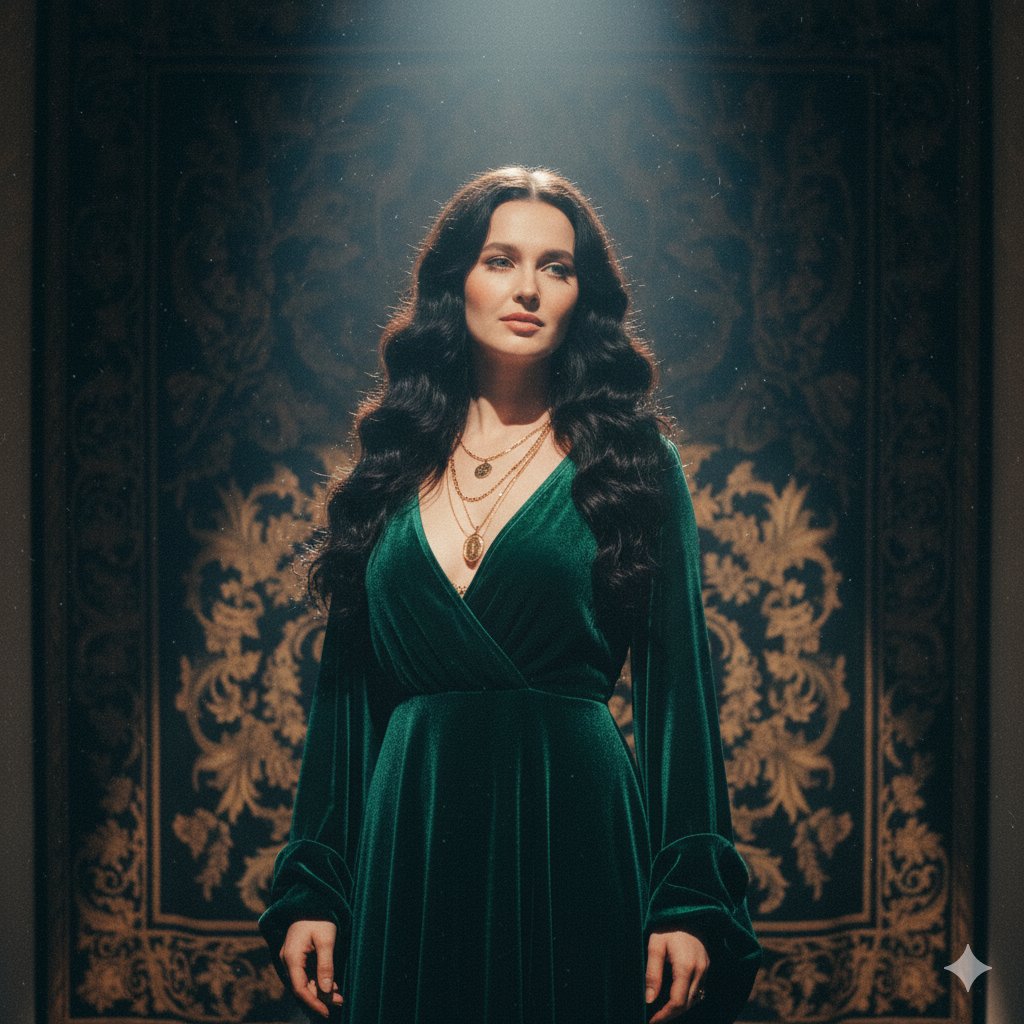 Cinematic Portrait of Woman in Emerald Velvet Dress Nano Banana提示词