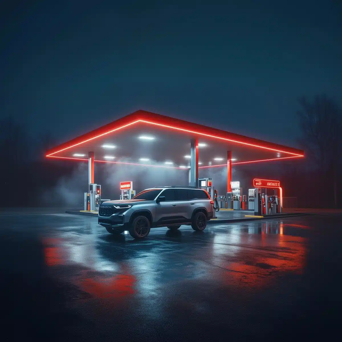 Neon Gas Station Nightscape Midjourney提示词