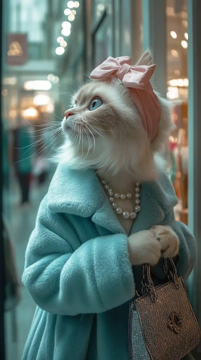 Sophisticated Cat Shopping Scene Midjourney提示词