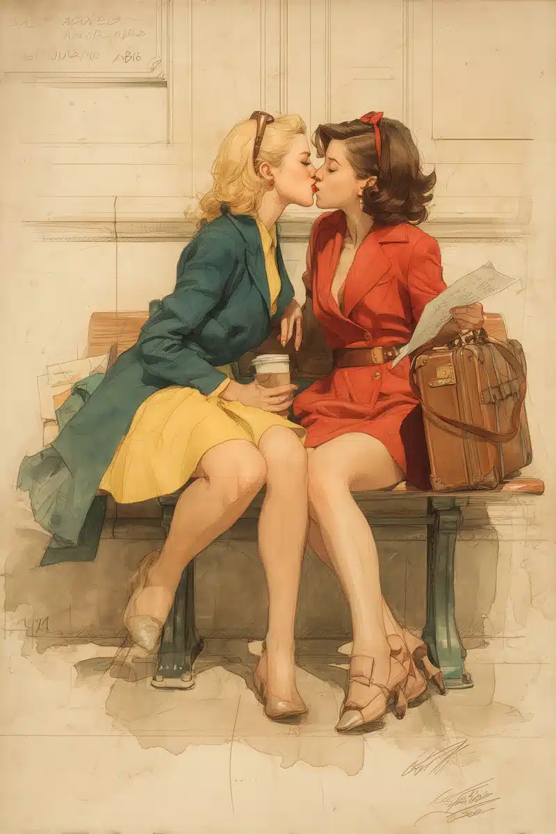 Watercolor 1940s Friends Kissing Midjourney提示词