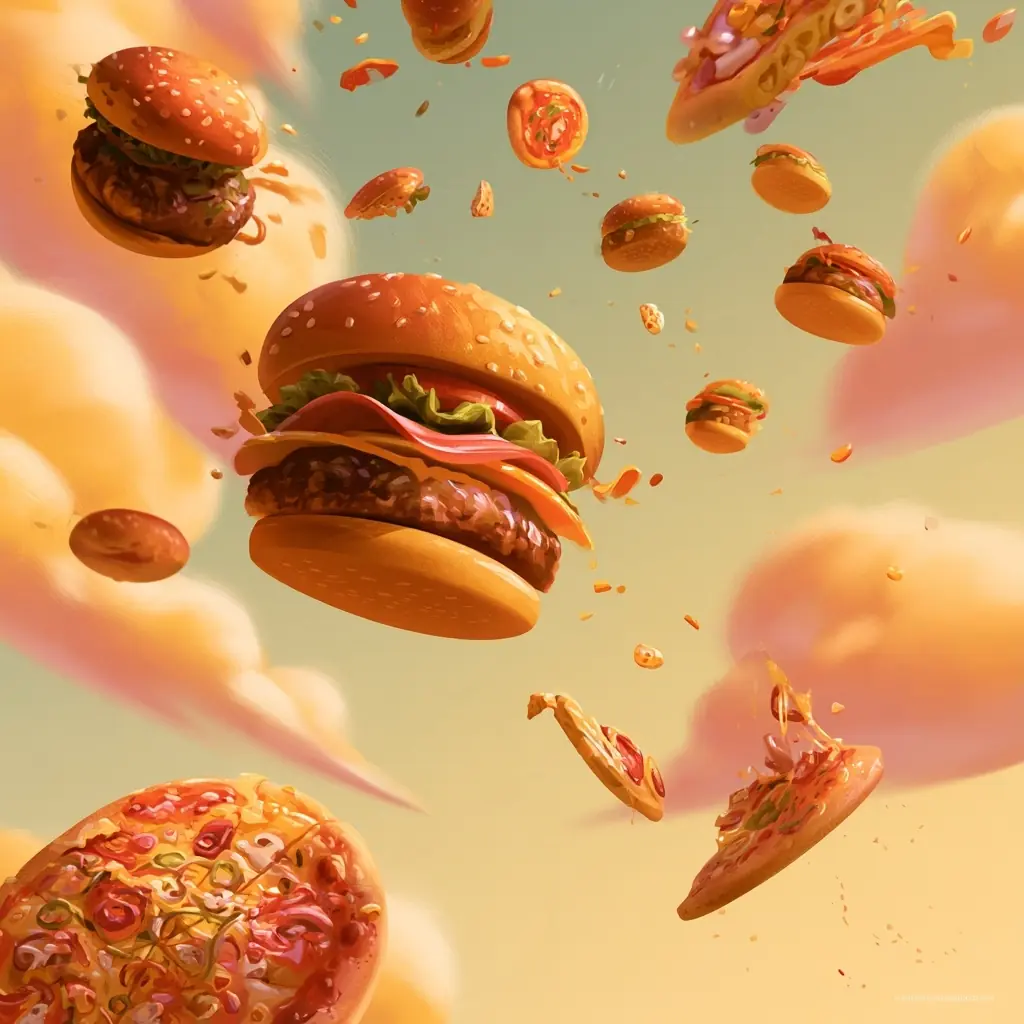 Pixar Style Falling Food Midjourney提示词