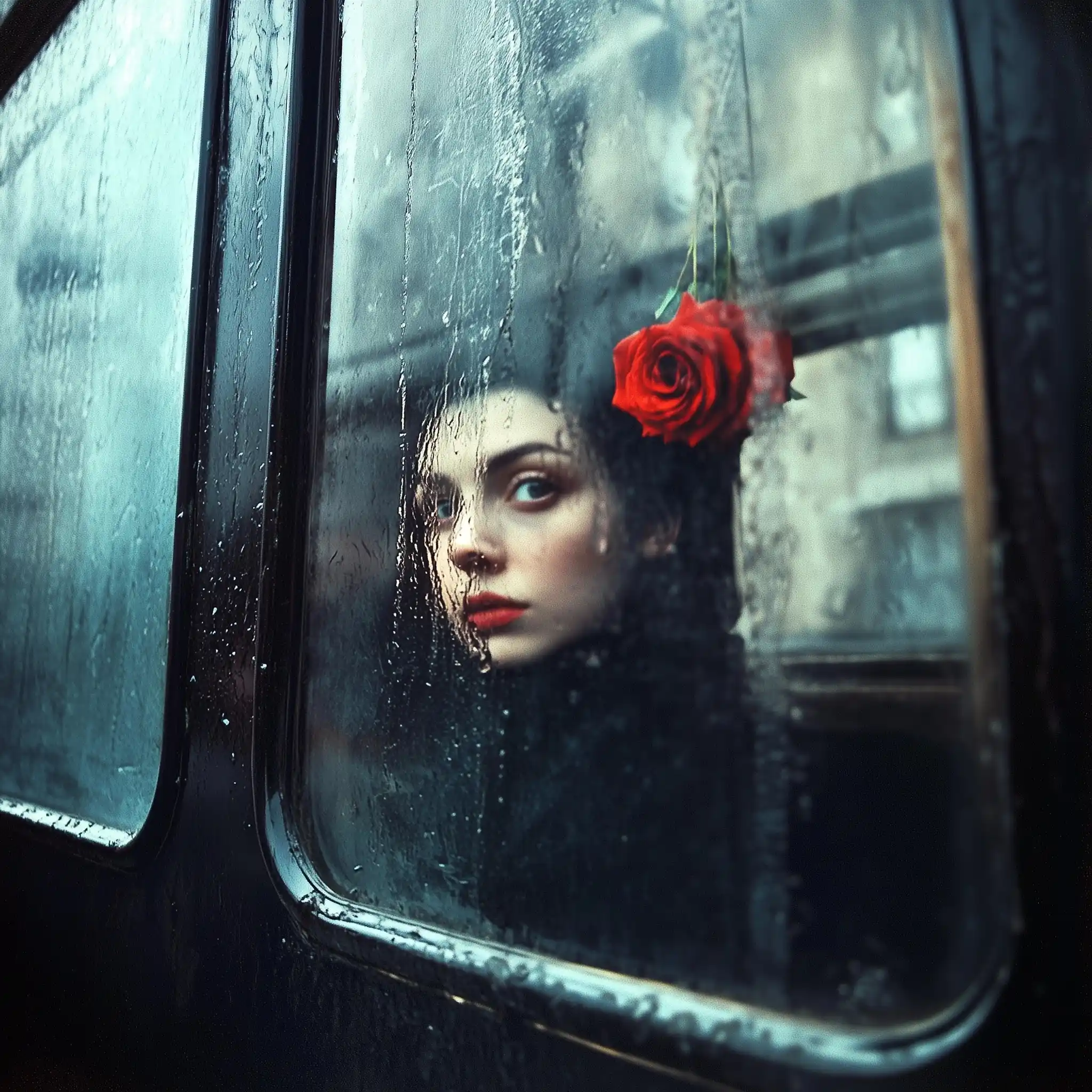 Roses Behind Wet Glass Midjourney提示词