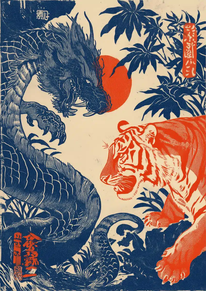 Dragons and Tigers Woodblock Print Midjourney提示词
