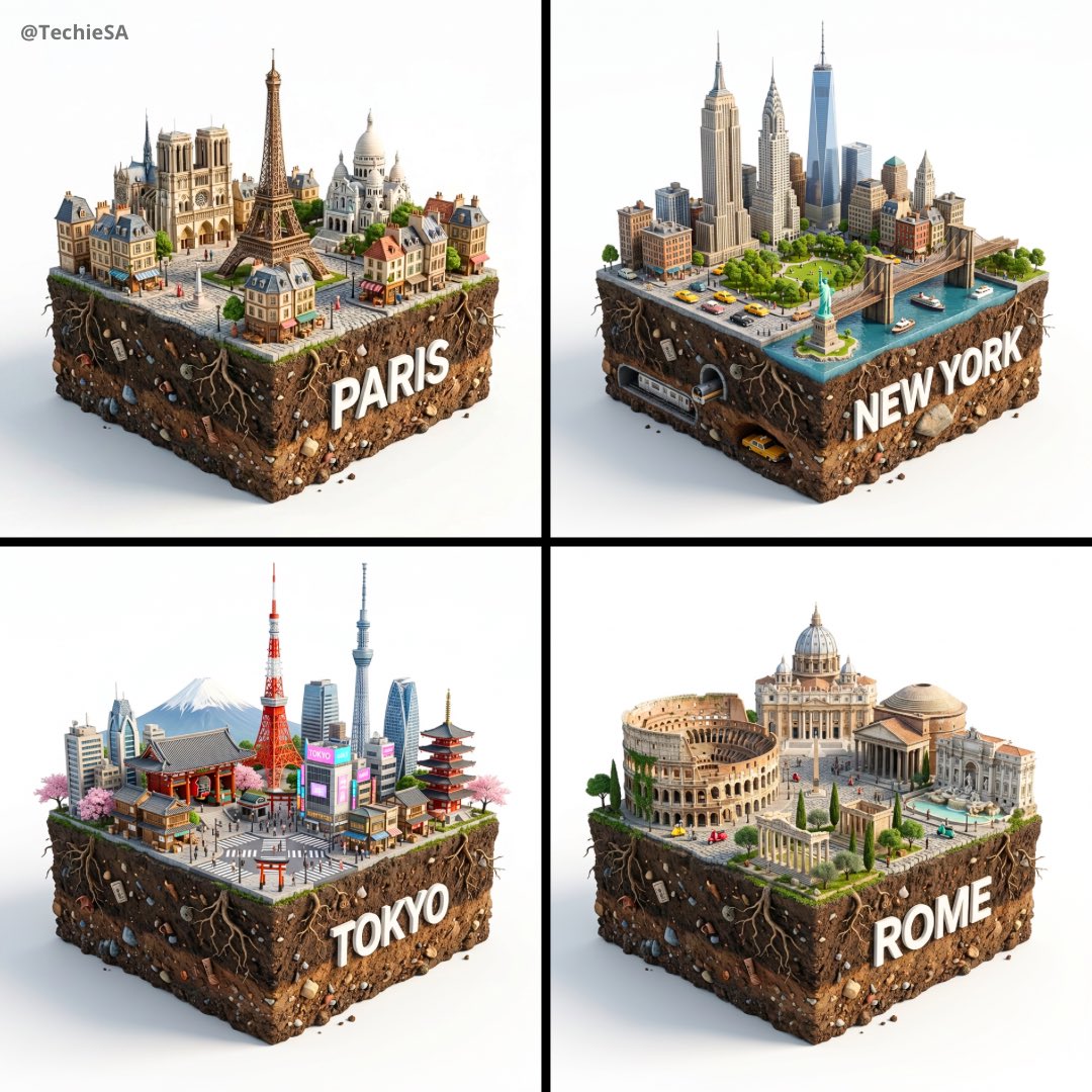 3D Miniature Cityscapes: Paris, NY, Tokyo, Rome Dioramas Nano Banana提示词