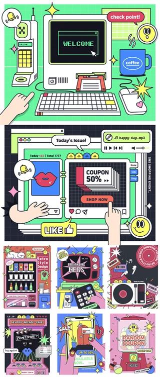8款潮流复古游戏机电脑插图PSD格式2023618