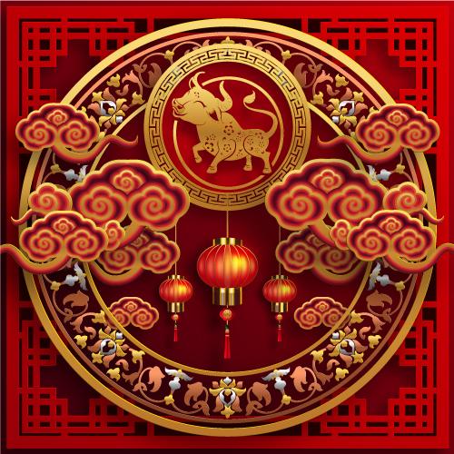 6款农历新年2021牛年立体剪纸风春节喜庆矢量海报背景EPS模板素材