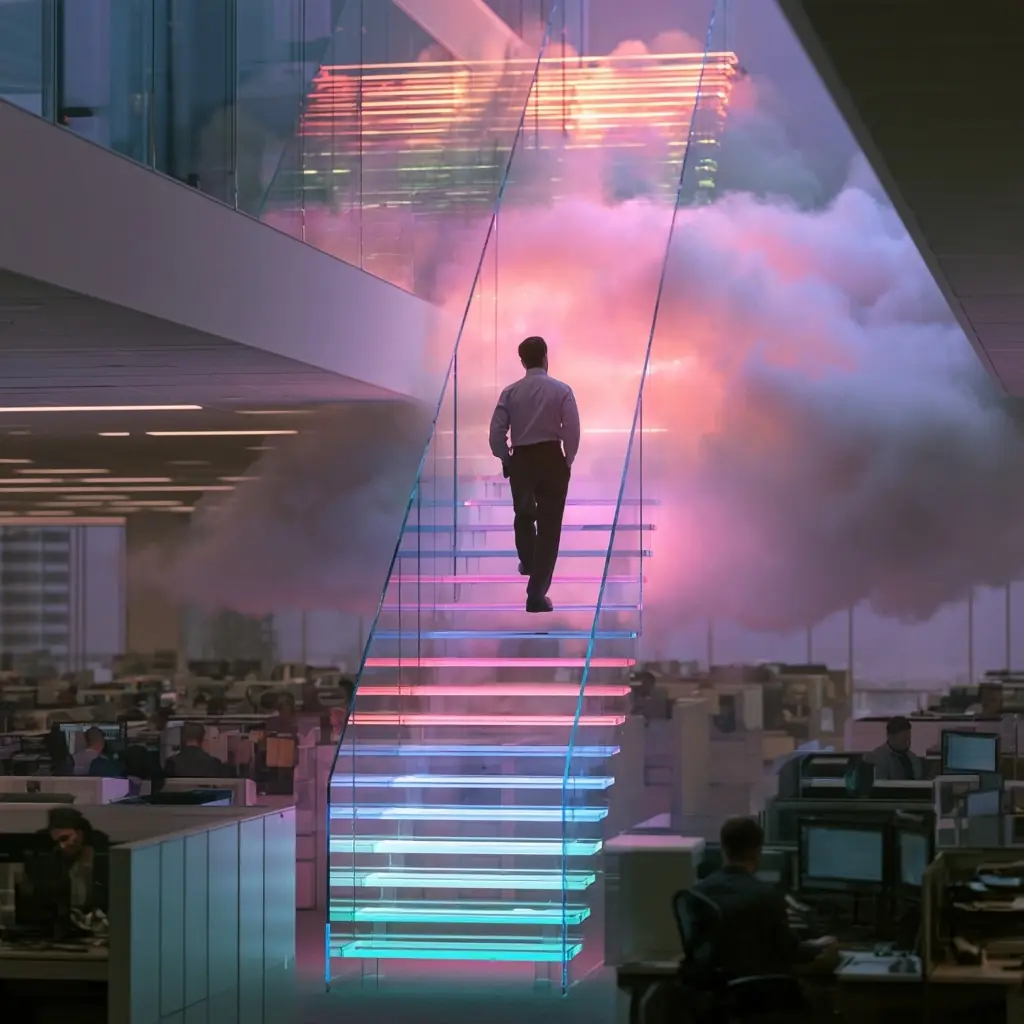 Surreal Office Neon Staircase Midjourney提示词