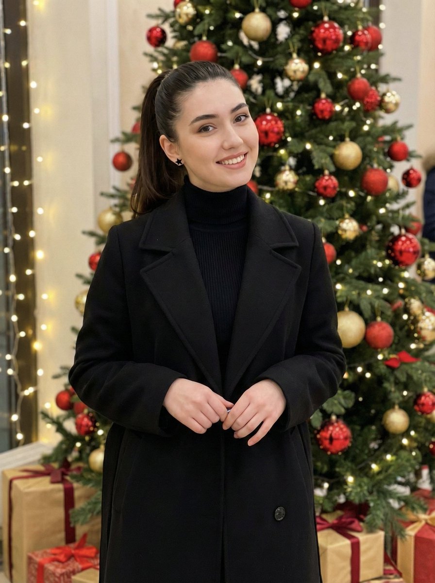 Smiling Woman in Black Coat by Christmas Tree | Holiday Portrait Nano Banana提示词
