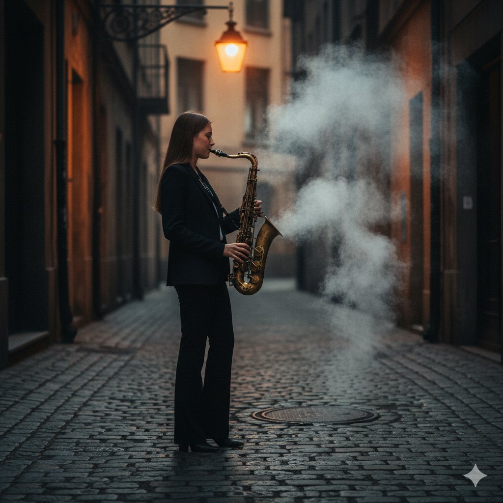 Woman Playing Saxophone in Dark, Smoky Alley - Cinematic Nano Banana提示词