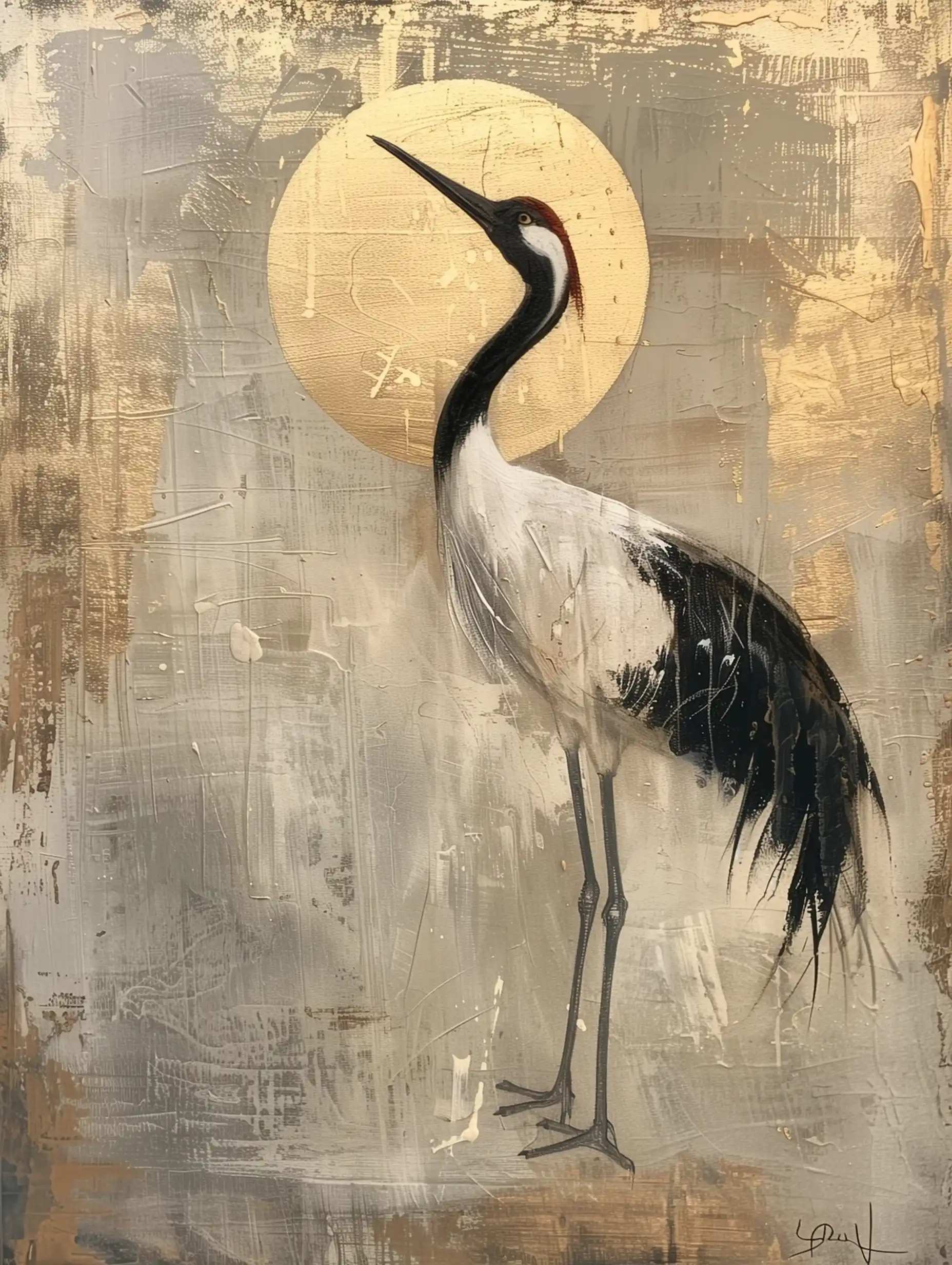 Japandi Crane Oil Painting Midjourney提示词