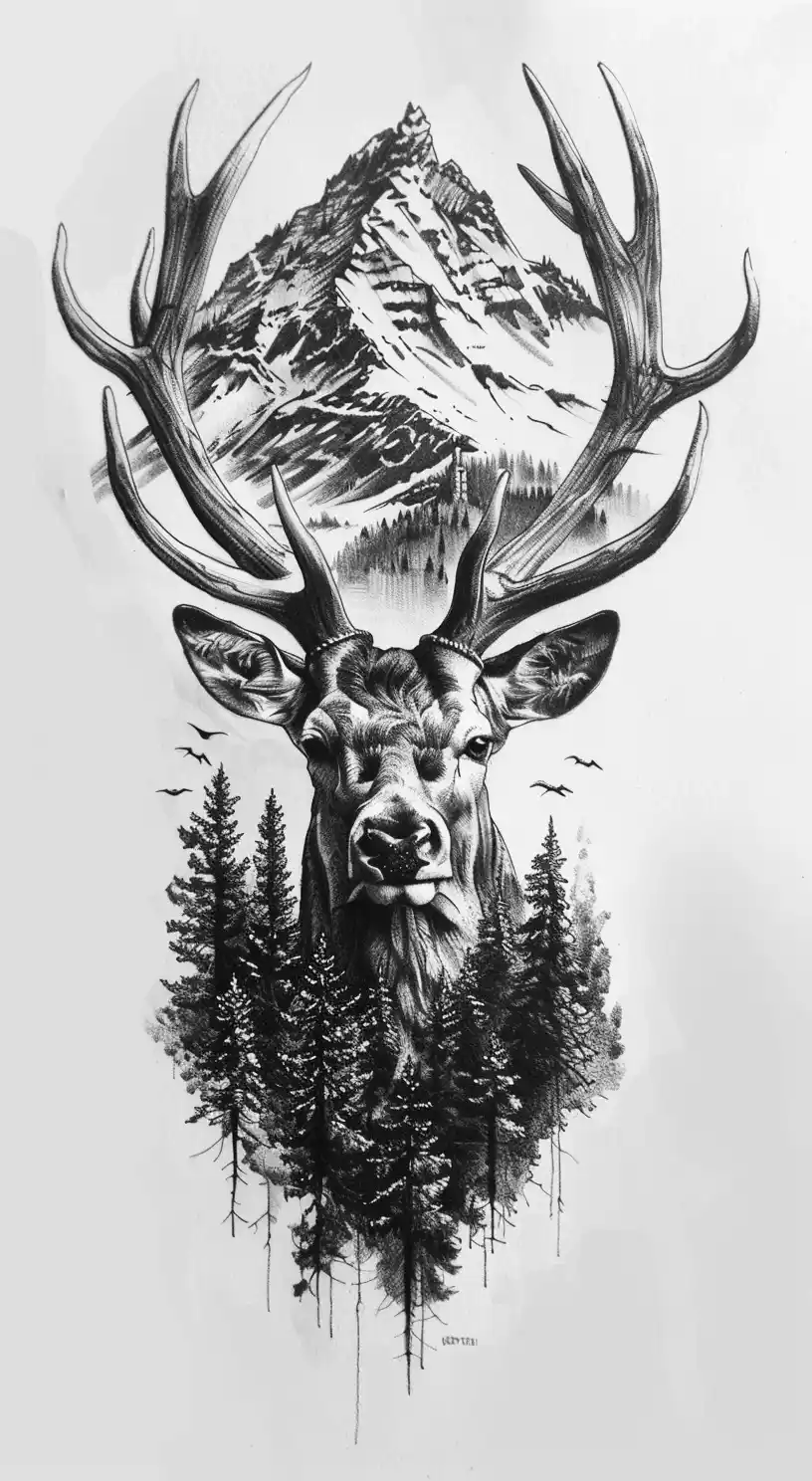 Realism Deer Forest Tattoo Midjourney提示词
