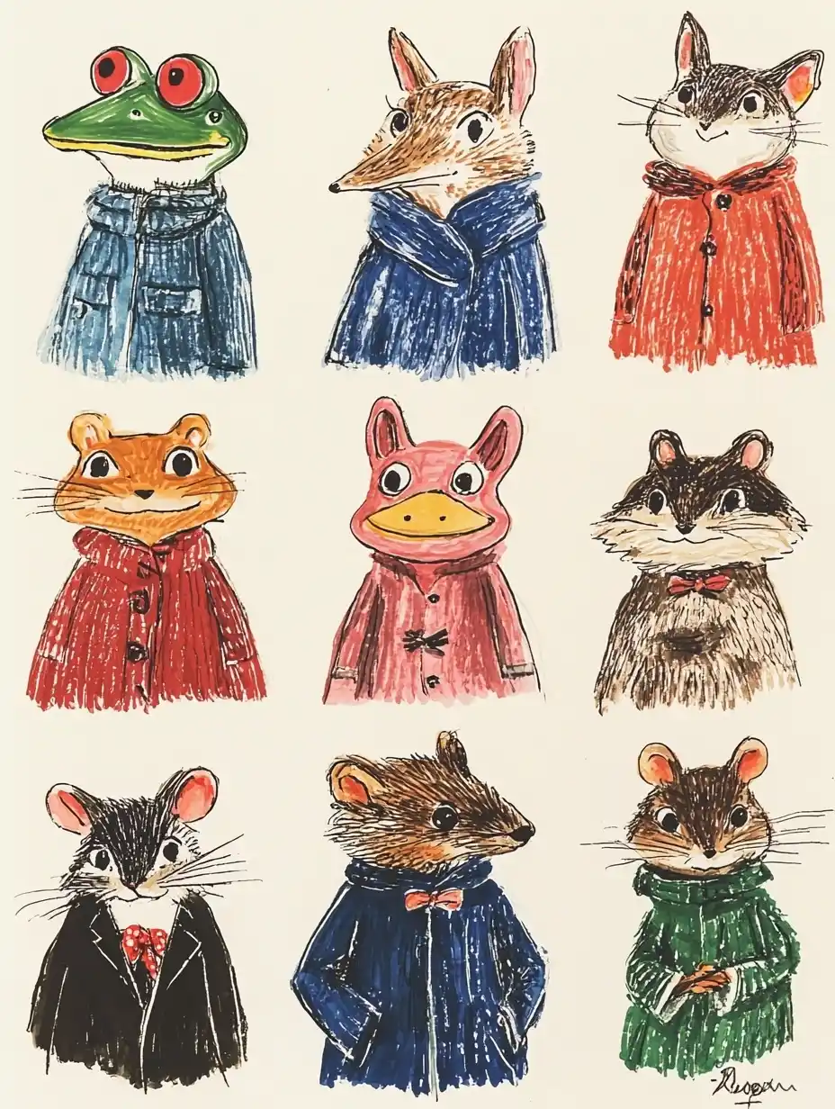 Cute Animals in Line Midjourney提示词