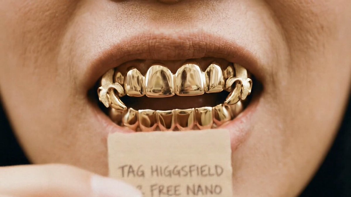 Photorealistic Portrait with Gold Grills & 'Free Nano' Note Nano Banana提示词