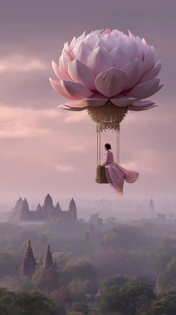 Surreal Aerial View of Angkor Wat Midjourney提示词