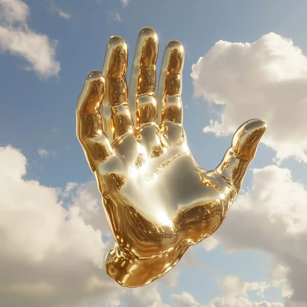 3D Golden Hand in Sky Midjourney提示词