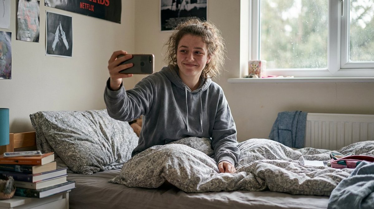 Young Woman Taking Selfie in Bedroom | Casual Morning Nano Banana提示词