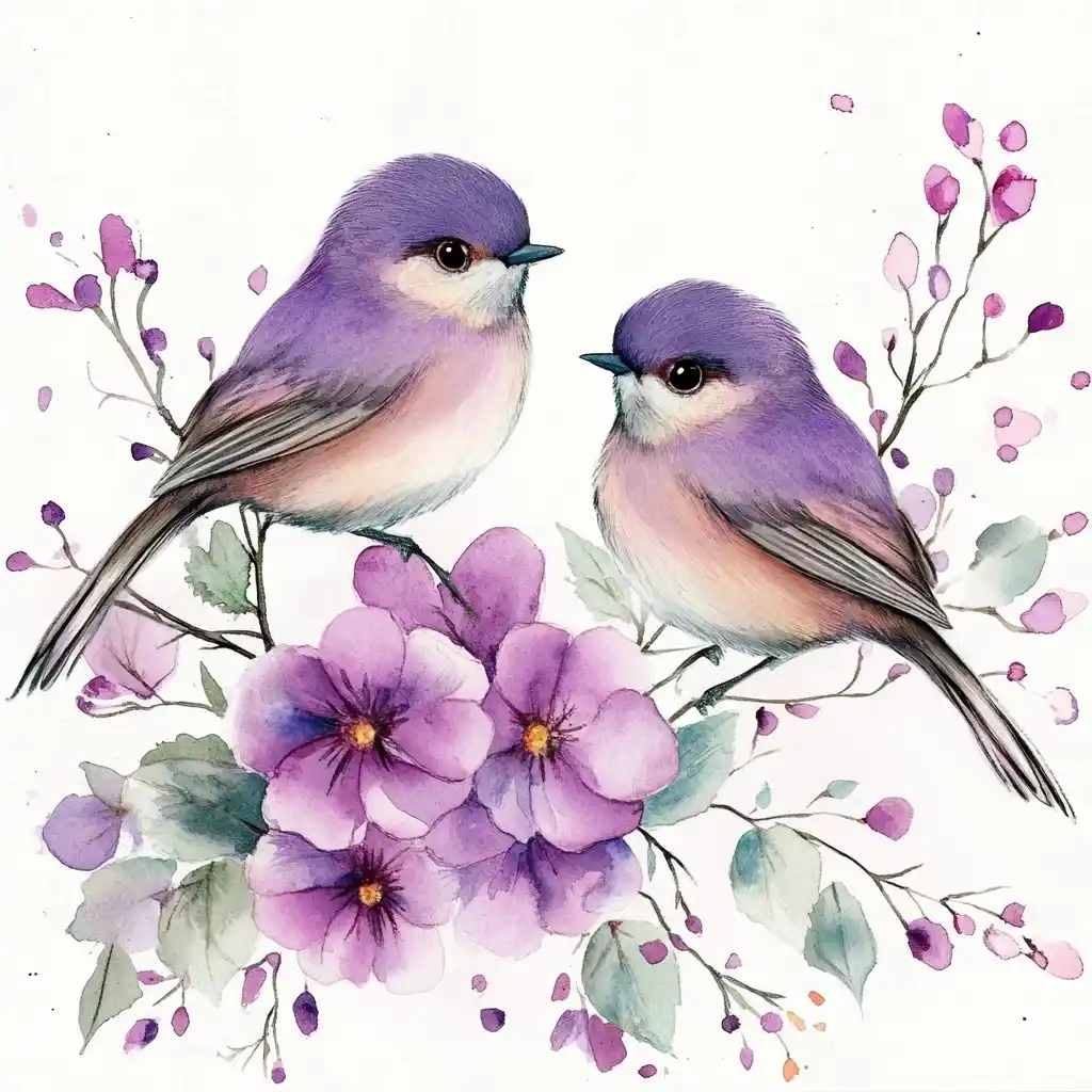 Watercolor Purple Birds Floral Midjourney提示词