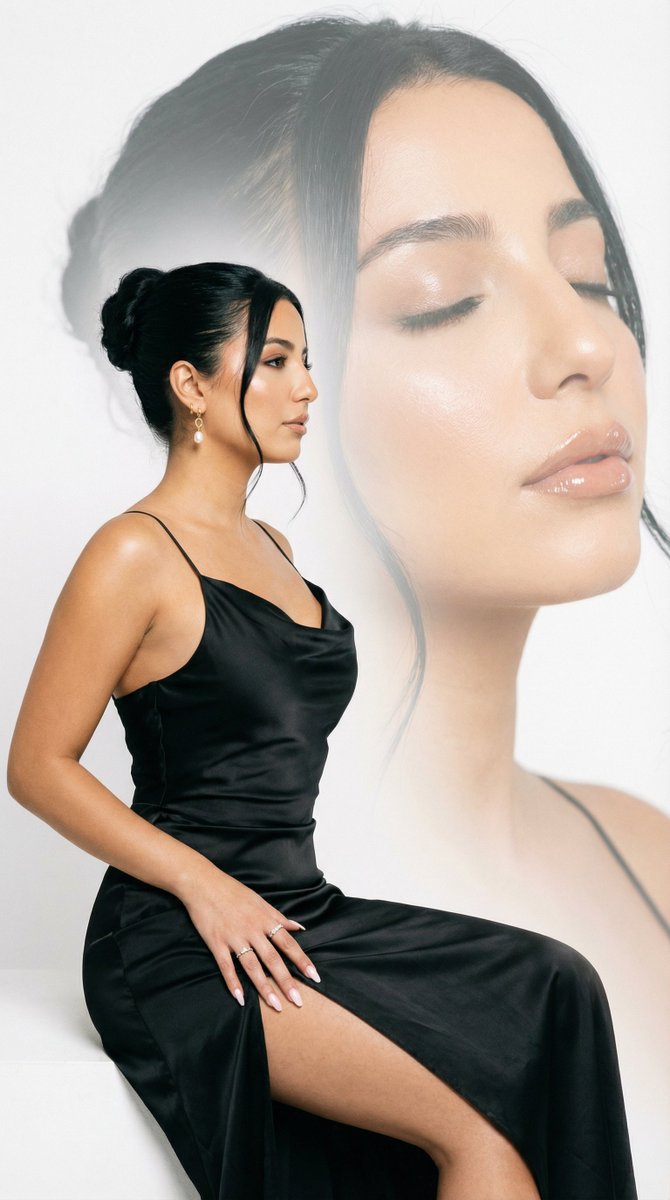 Elegant Woman in Black Satin Slip Dress - Fashion Portrait Nano Banana提示词