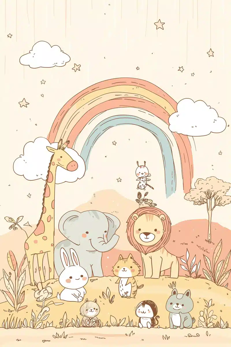 Pastel Cartoon Animals Landscape Midjourney提示词