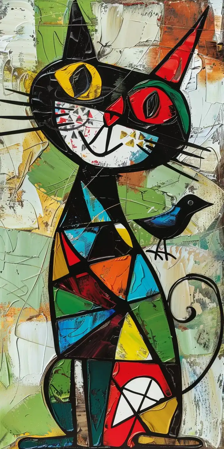 Graphic Cat Catches Bird Midjourney提示词