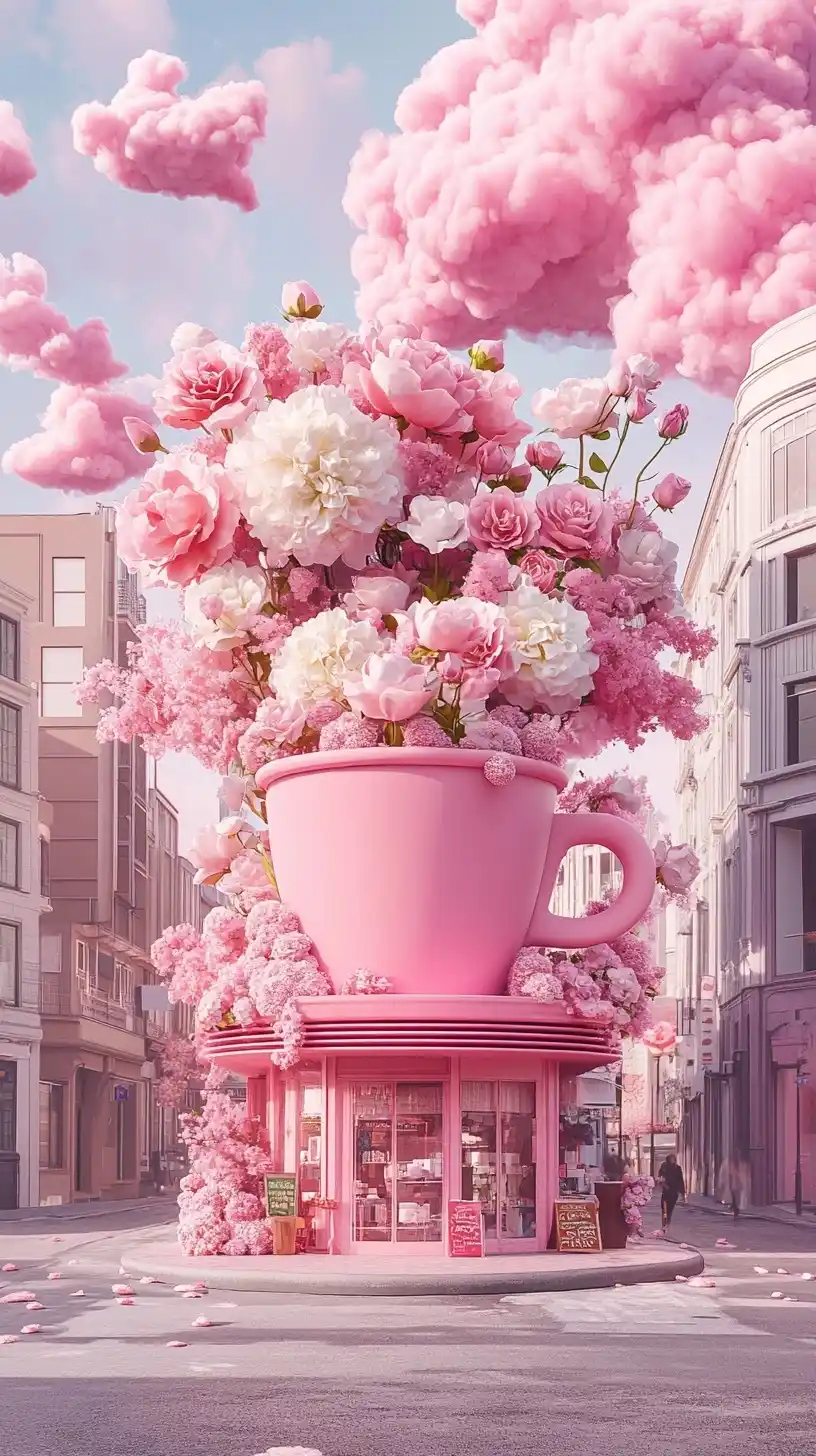 Pink Coffee Cup Building Midjourney提示词