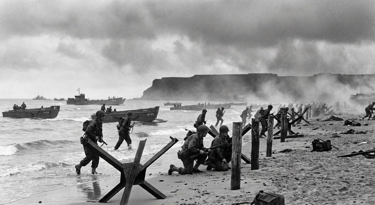 D-Day Landing WWII Soldiers Omaha Beach Black White Photo Nano Banana提示词