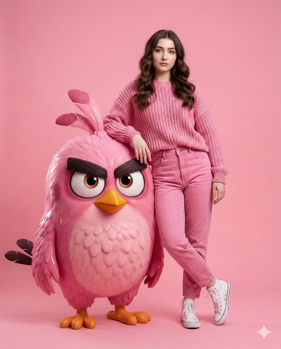 Pink Monochromatic Fashion with Angry Birds Stella Nano Banana提示词