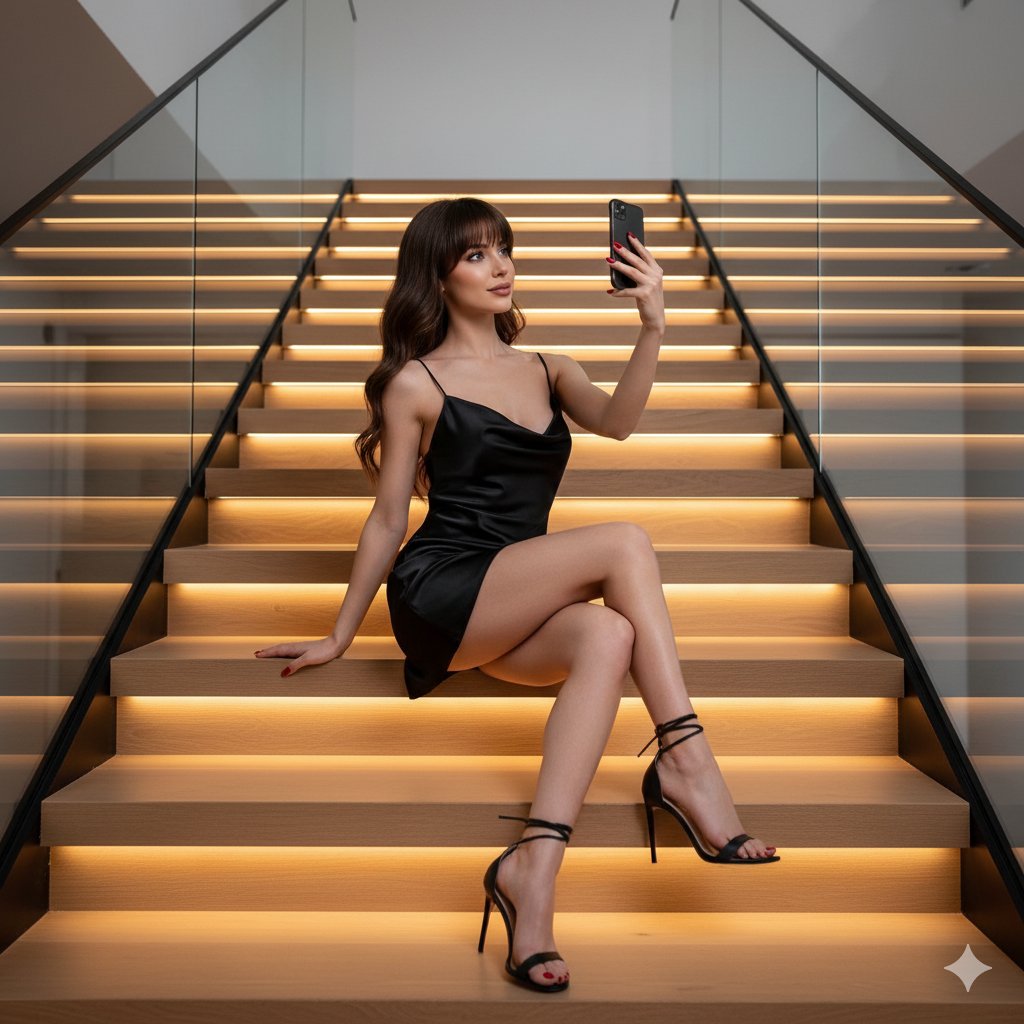 Elegant Woman Black Dress Modern Staircase Selfie Nano Banana提示词