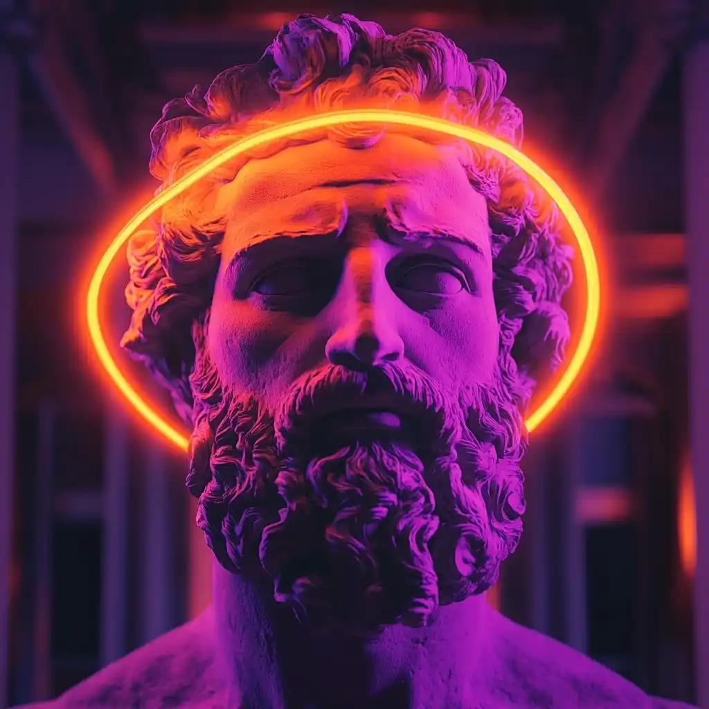 Neon Greek God Amid Chaos Midjourney提示词
