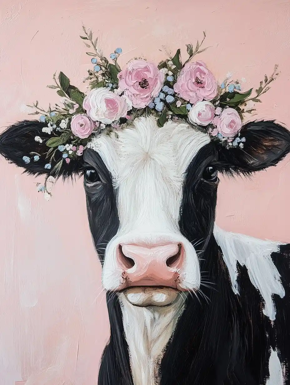 Cow Portrait with Floral Wreath Midjourney 提示词生成效果