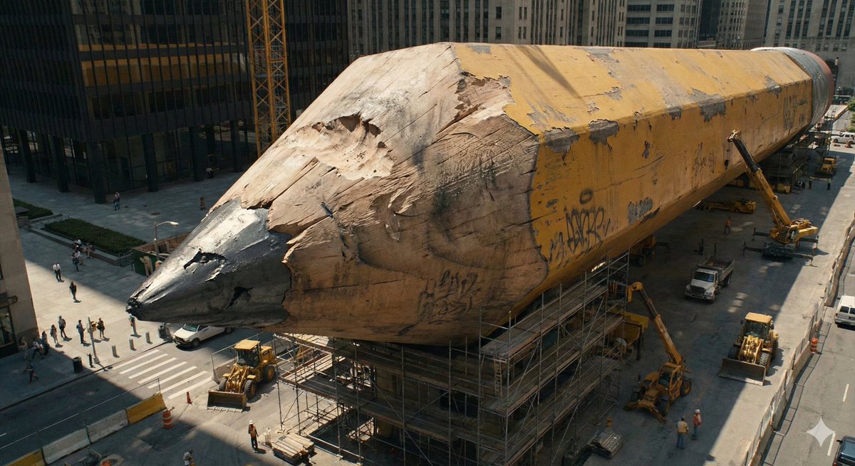 Giant Pencil Cityscape: Surreal Urban Construction Nano Banana提示词