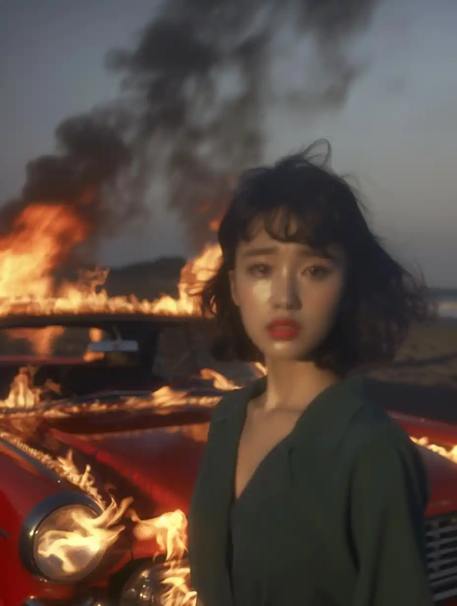 Raw Chinese Woman with Burning Car Midjourney 提示词生成效果