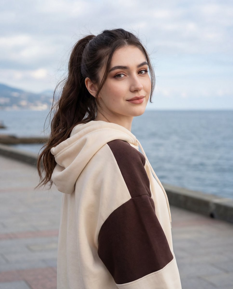 Young Woman Portrait in Hoodie by Sea - Serene Outdoor Nano Banana提示词