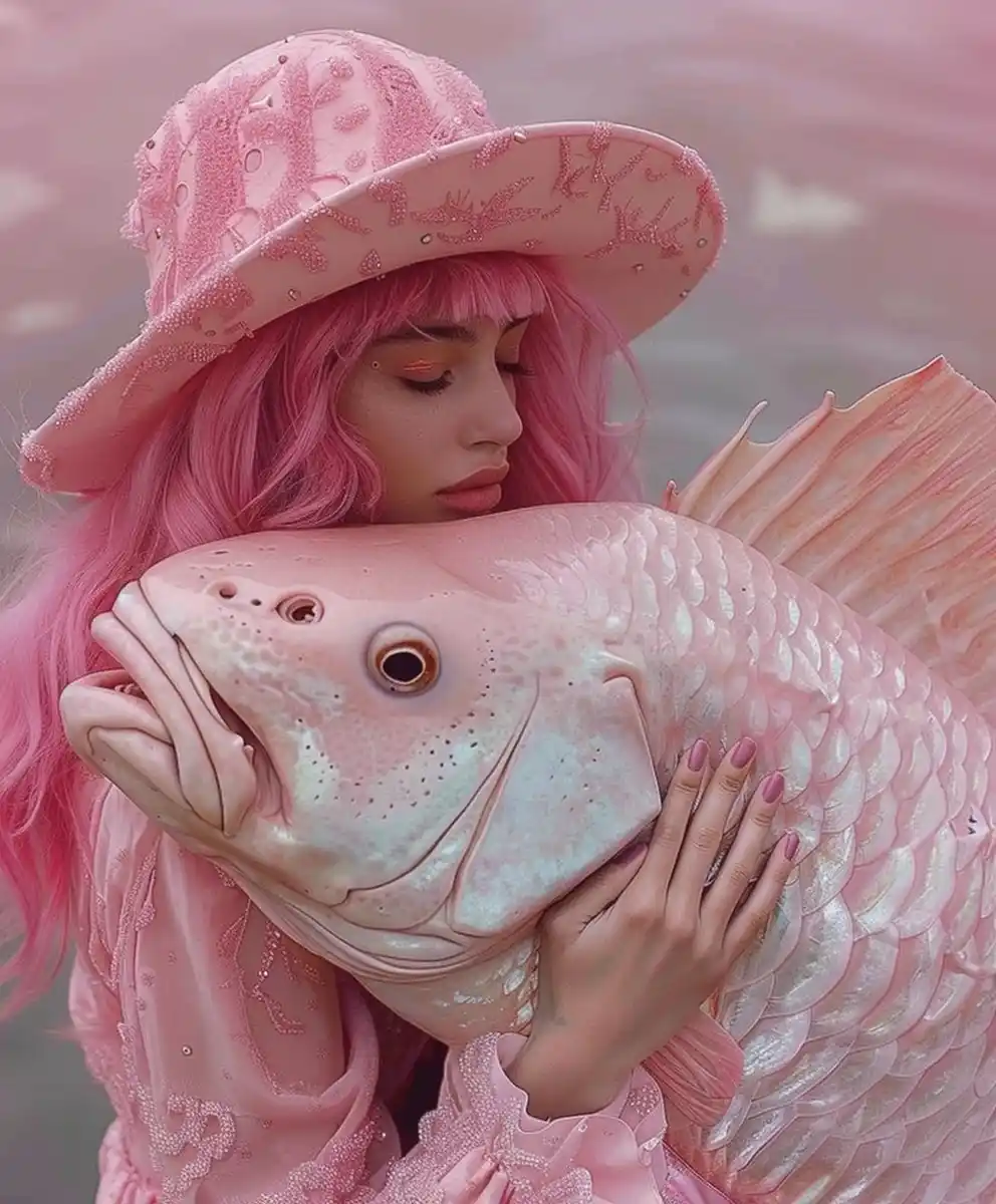Fashionable Pink-Haired Model with Fish Midjourney提示词