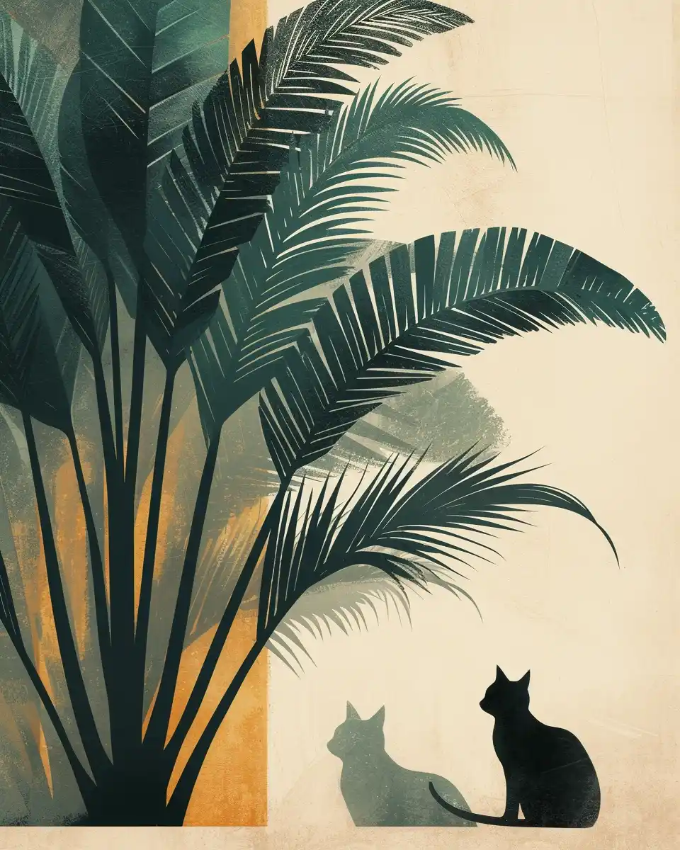 Retro Cat and Palm Midjourney提示词