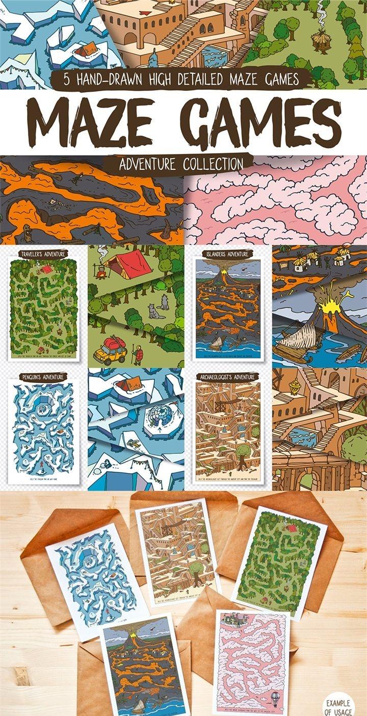 5款卡通手绘迷宫地图插画背景EPS格式
